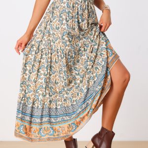 Boho Casual Bohemian Floral Printed Elastic Waist Maxi Skirt Beige/S - Allegra K catalog