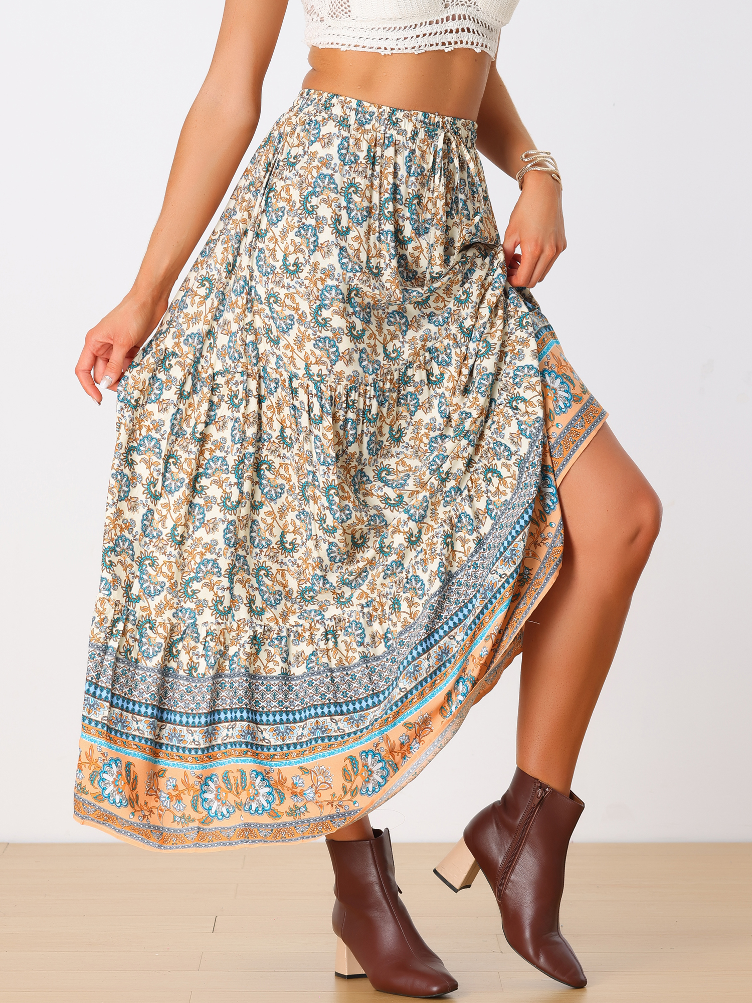 Boho Casual Bohemian Floral Printed Elastic Waist Maxi Skirt Beige/M - Allegra K catalog