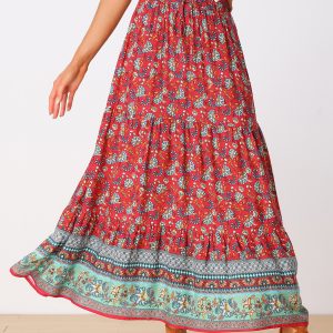 Boho Casual Bohemian Floral Printed Elastic Waist Maxi Skirt Red/S - Allegra K catalog