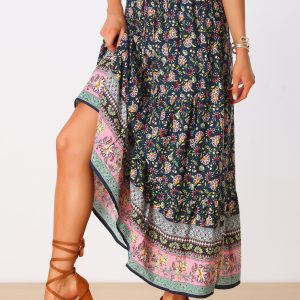 Boho Casual Bohemian Floral Printed Elastic Waist Maxi Skirt Navy Blue/M - Allegra K catalog