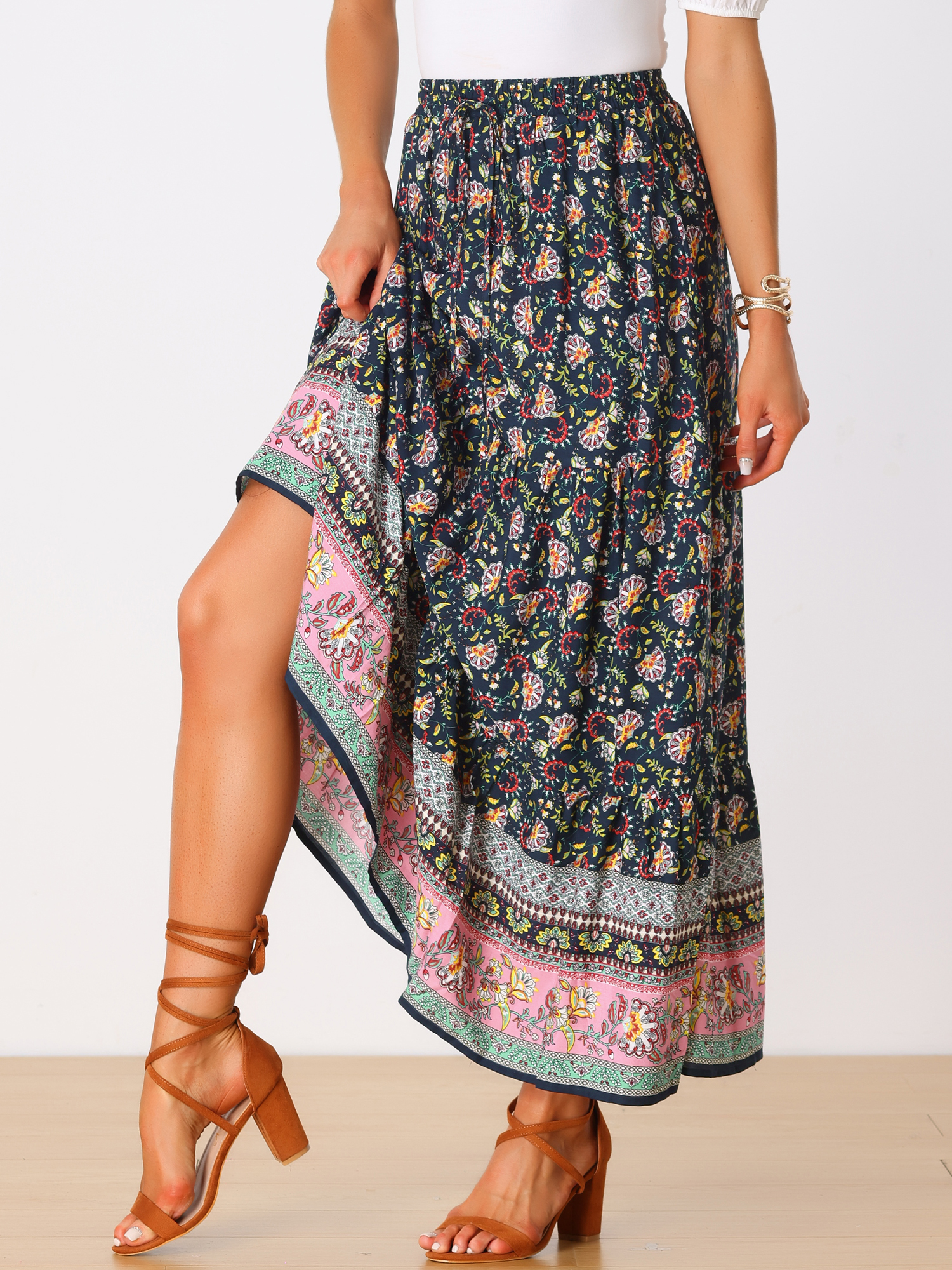 Boho Casual Bohemian Floral Printed Elastic Waist Maxi Skirt Navy Blue/XL - Allegra K catalog