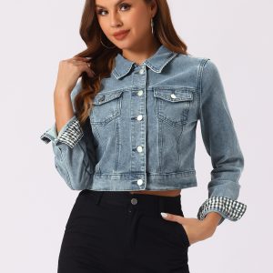 Button Down Long Sleeve Casual Cropped Denim Jacket Dusty Blue/XL - Allegra K catalog