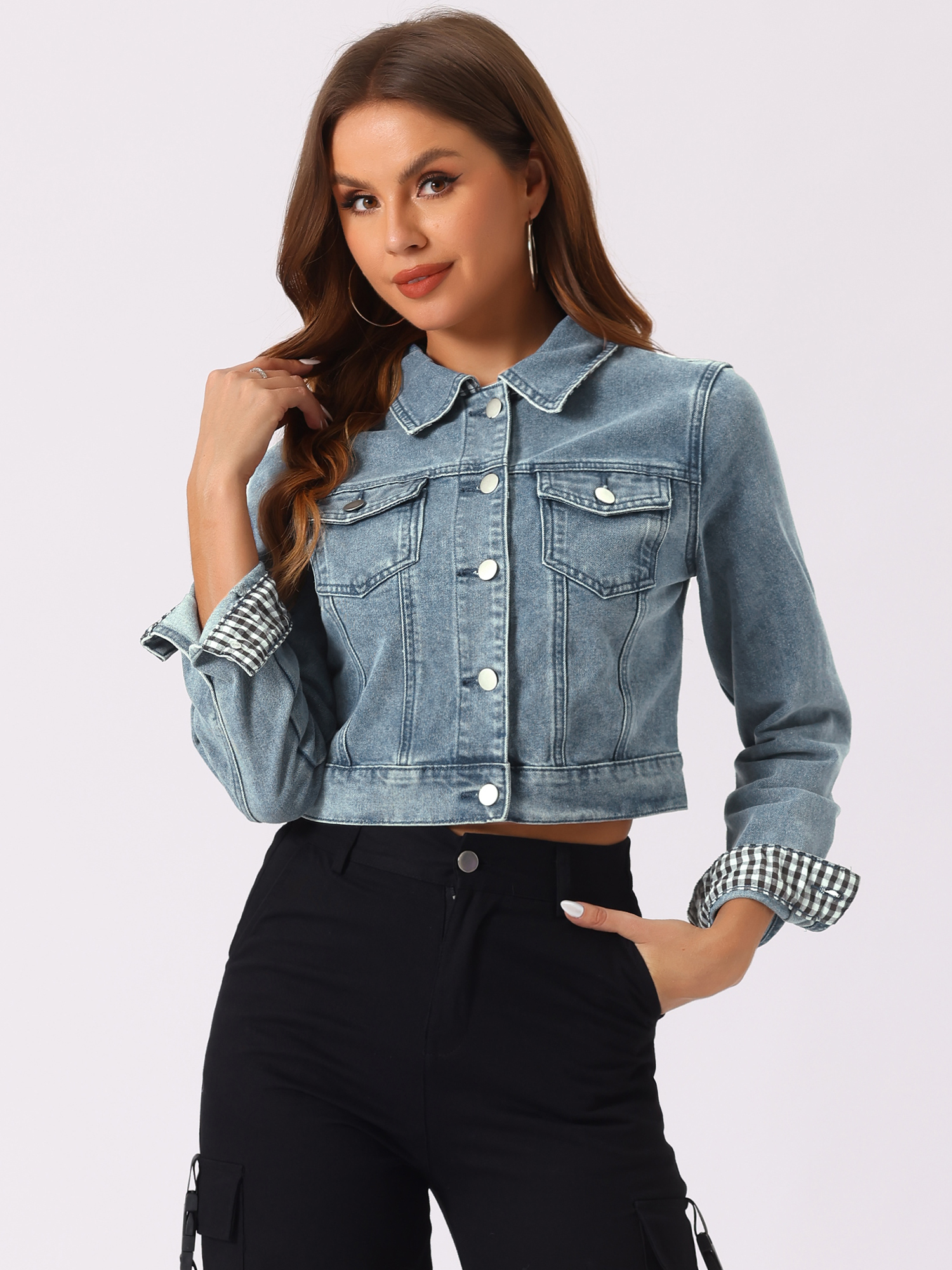 Button Down Long Sleeve Casual Cropped Denim Jacket Dusty Blue/XL - Allegra K catalog