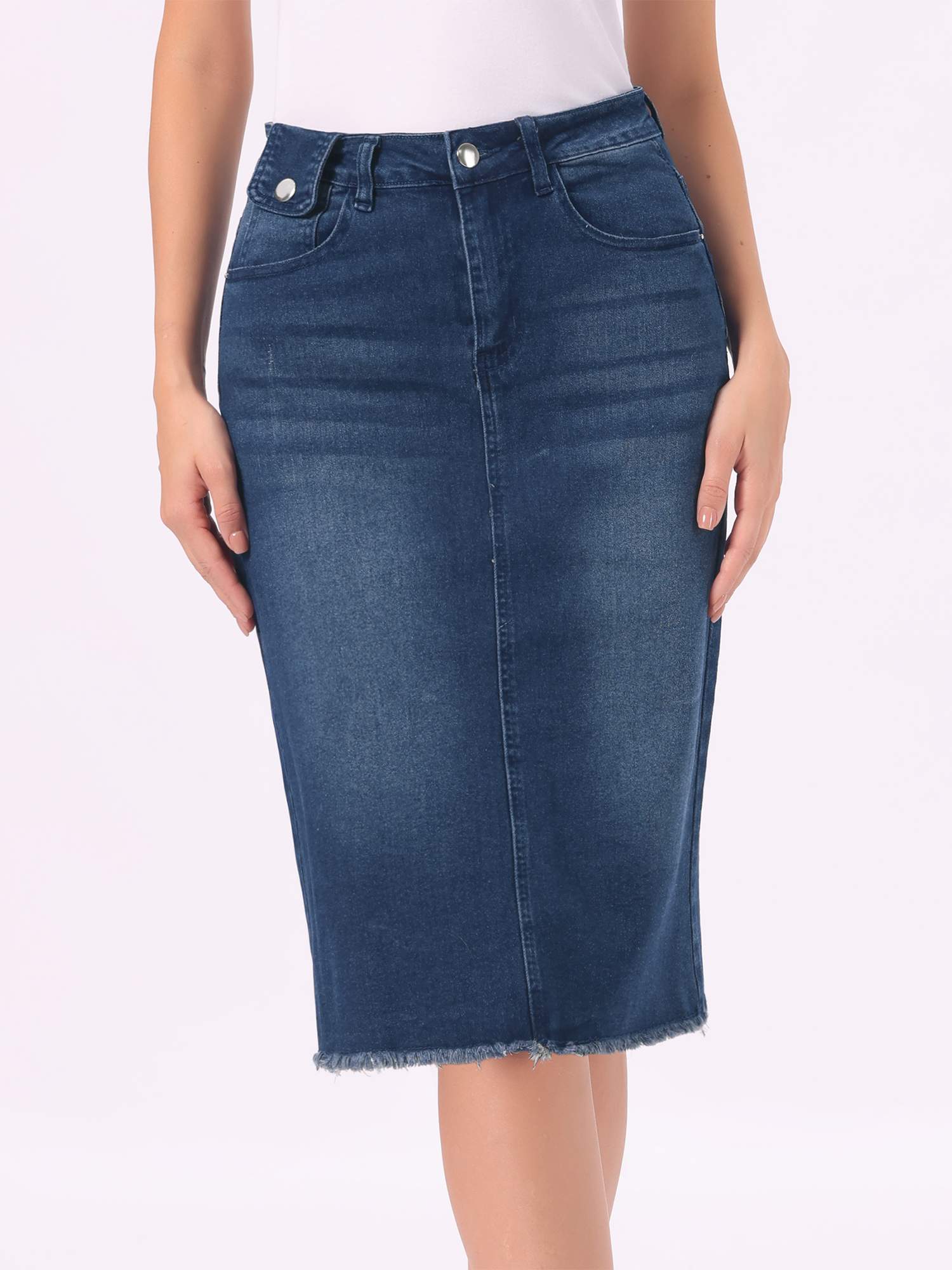 Casual High Waist Back Slit Stretch Denim Midi Skirt Dark Blue/2XL - Allegra K catalog