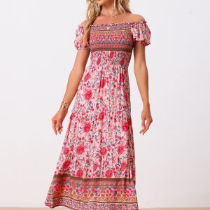 Boho Floral Off Shoulder Puff Sleeves Maxi Smocked Dress Pink/S - Allegra K catalog