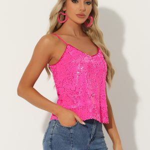 Sequined Straps Party Glitter Disco Sparkle Cami Top Neon Pink/S - Allegra K catalog