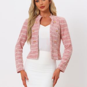 Vintage Tweed Plaid Slim Fit Work Office Cropped Jacket Red/L - Allegra K catalog