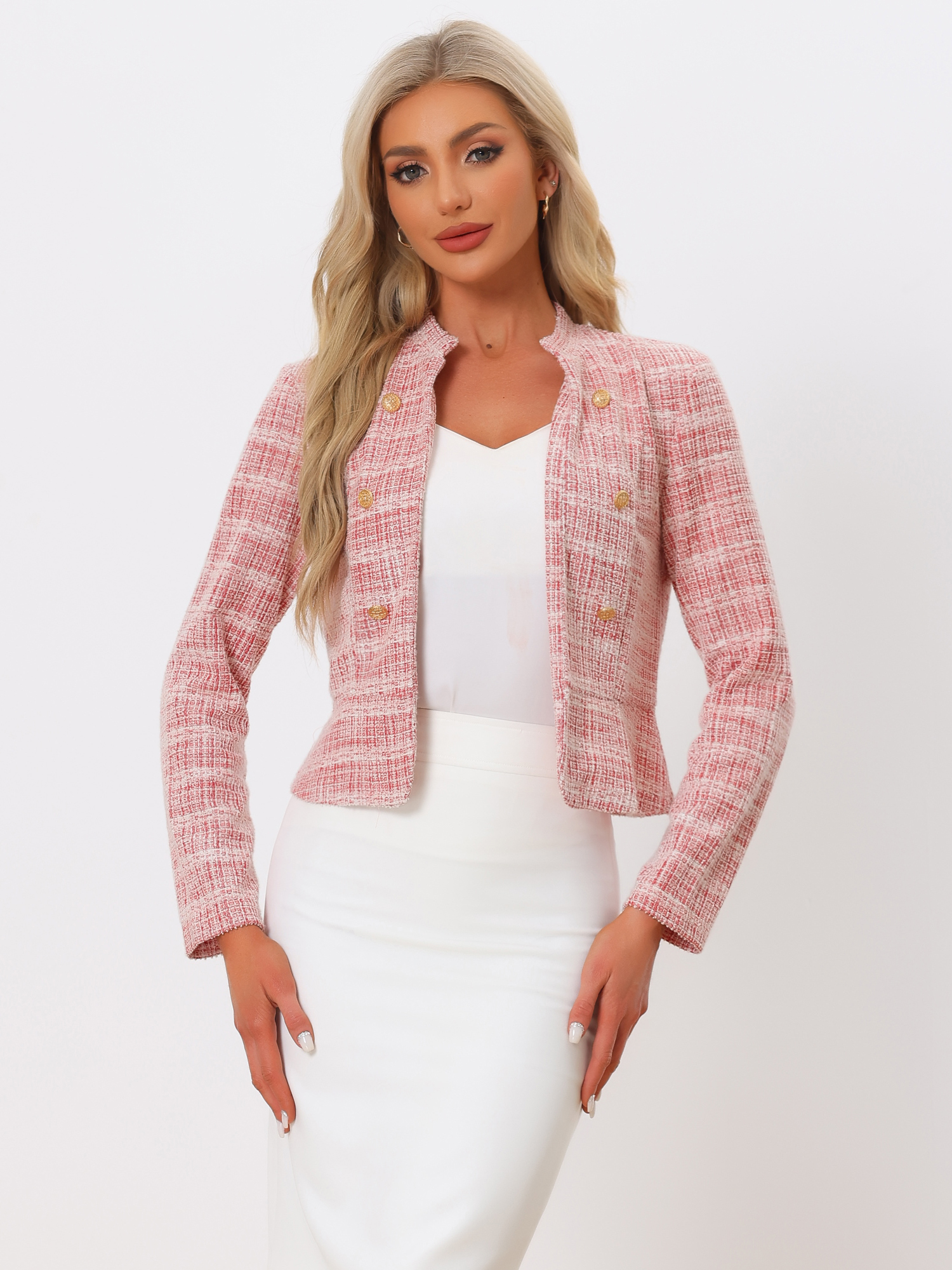 Vintage Tweed Plaid Slim Fit Work Office Cropped Jacket Red/XL - Allegra K catalog