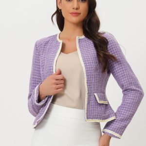 Plaid Tweed Long Sleeve Open Front Work Office Cropped Jacket Blazer Purple/XS - Allegra K catalog