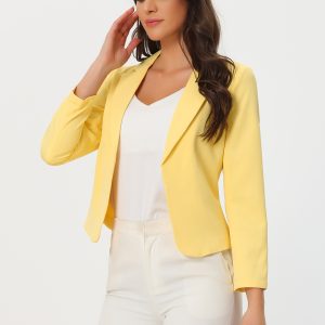 Open Front Office Work Business Crop Suit Blazer Jacket Yellow/S - Allegra K catalog