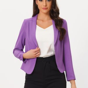 Notched Lapel Long Sleeves Solid Color Open Front Cropped Blazer Lavender/M - Allegra K catalog