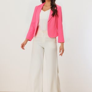 Notched Lapel Long Sleeves Solid Color Open Front Cropped Blazer Neon Pink/M - Allegra K catalog