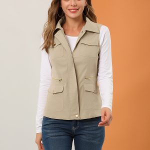 Zip Up Pockets Sleeveless Cargo Jacket Utility Vest Khaki/3XL - Allegra K catalog