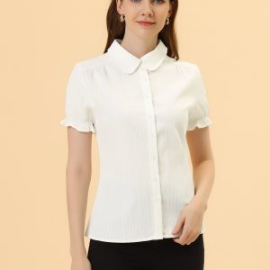 Cotton Frilled Top Turndown Collar Solid Blouse Shirt White/2XL - Allegra K catalog