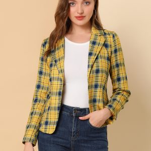 Business Casual Open Front Notch Lapel Plaid Suit Blazer Yellow-Plaid/3XL - Allegra K catalog
