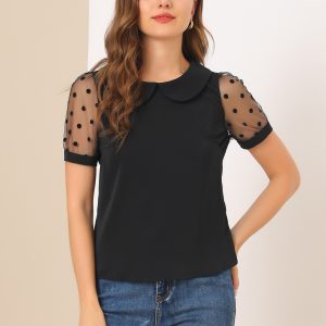 Peter Pan Collar Puff Mesh Short Sleeve Polka Dot Blouse Black/2XL - Allegra K catalog