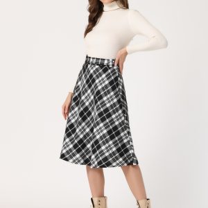 Christmas Tartan Plaid High Waist Belted Vintage A-Line Midi Skirt Jet Black Plaid/XS - Allegra K catalog