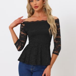 Elegant Lace Blouse Semi Sheer 3/4 Sleeve Off Shoulder Peplum Top Black/L - Allegra K catalog