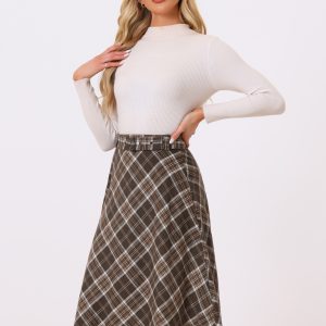 Christmas Tartan Plaid High Waist Belted Vintage A-Line Midi Skirt Khaki/XL - Allegra K catalog