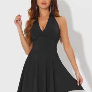 Halter Deep V Neck Sleeveless Solid Skater Mini Dress Black/XS - Allegra K catalog