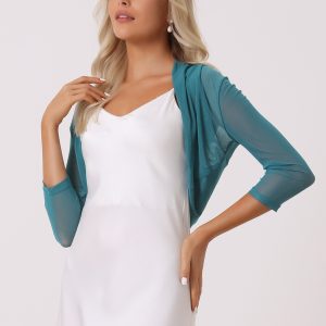 Semi Sheer Mesh Elegant 3/4 Sleeve Stretchy Cropped Bolero Shrugs Blue/L - Allegra K catalog