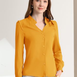 Work Office Blouse Button Up Long Sleeve V Neck Chiffon Shirt Yellow/S - Allegra K catalog