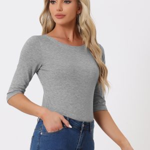 Casual Boat Neck 3/4 Sleeve Solid Basic T-shirt Light Gray/M - Allegra K catalog