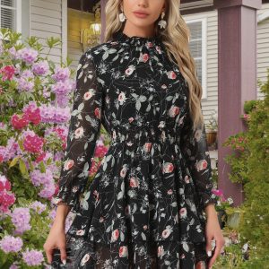 Floral Chiffon Long Sleeve Mock Neck Ruffle Layered Mini Dress Black/S - Allegra K catalog