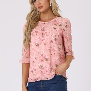 Casual Ruffle 3/4 Sleeve Floral Print Chiffon Blouse Pink White/XS - Allegra K catalog