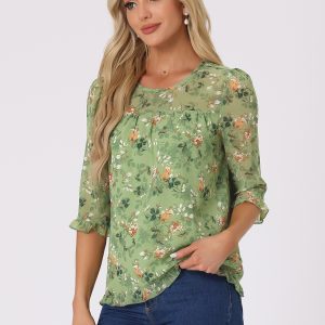 Casual Ruffle 3/4 Sleeve Floral Print Chiffon Blouse Green White/M - Allegra K catalog
