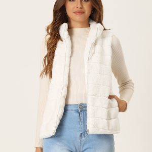 Fluffy Vest Jacket Stand Collar Sleeveless Faux Fur Coat White/L - Allegra K catalog