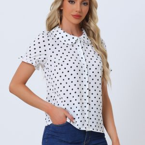 Polka Dot Short Puff Sleeve Button Up Peter Pan Collar Blouse White/M - Allegra K catalog