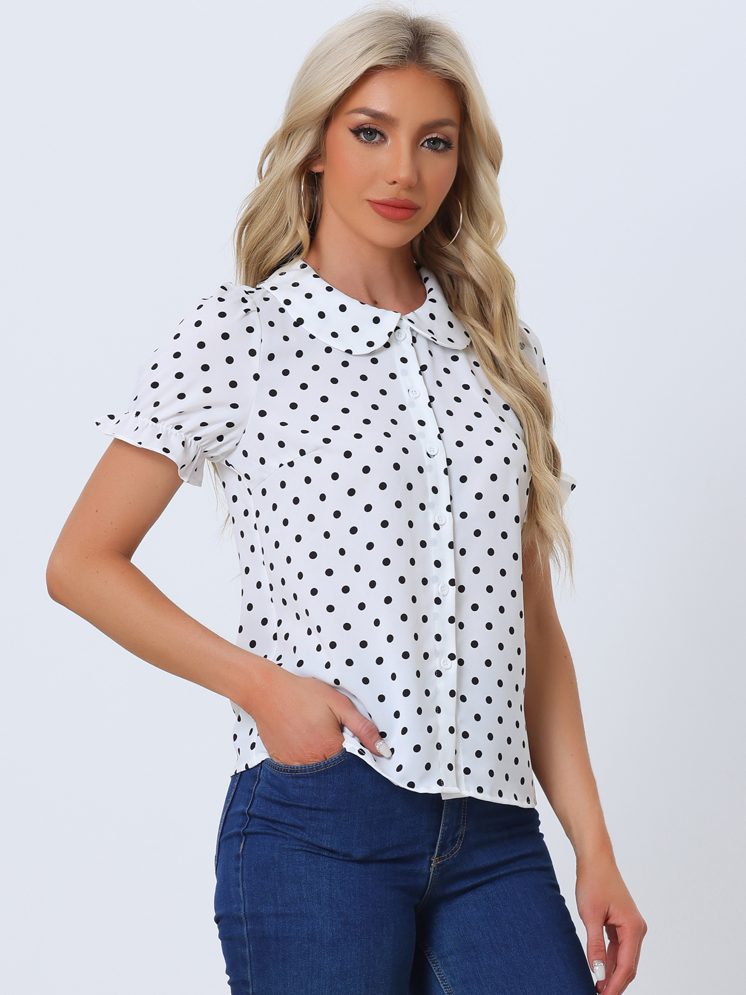 Polka Dot Short Puff Sleeve Button Up Peter Pan Collar Blouse White/M - Allegra K catalog