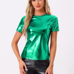 Glitter Metallic Short Sleeve Shiny Multicolor Blouse Shiny Green/S - Allegra K catalog