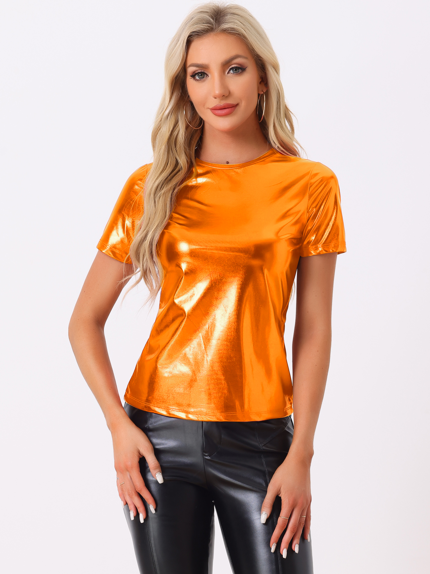 Glitter Metallic Short Sleeve Shiny Multicolor Blouse Orange/XS - Allegra K catalog