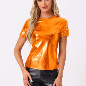 Glitter Metallic Short Sleeve Shiny Multicolor Blouse Orange/S - Allegra K catalog
