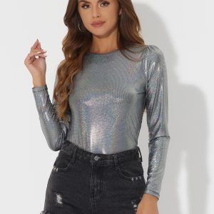 Metallic Glitter Shiny Long Sleeve Sparkly Party Blouse Black Multicolor/S - Allegra K catalog