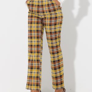 Plaid Elastic Waist Casual Work Office Long Pants Yellow/L - Allegra K catalog