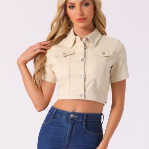 Casual Lapel Short Sleeve Crop Top Jean Denim Jacket Apricot/XL - Allegra K catalog