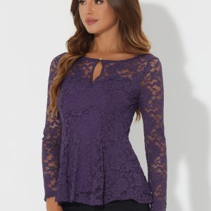 Lace Tops Keyhole Front Peplum Hem Sheer Long Sleeve Blouse Purple/M - Allegra K catalog