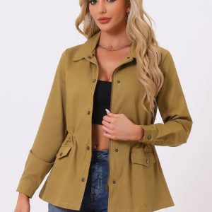 Drawstring Waist Flap Pocket Lightweight Utility Safari Jacket Dark Khaki/XS - Allegra K catalog