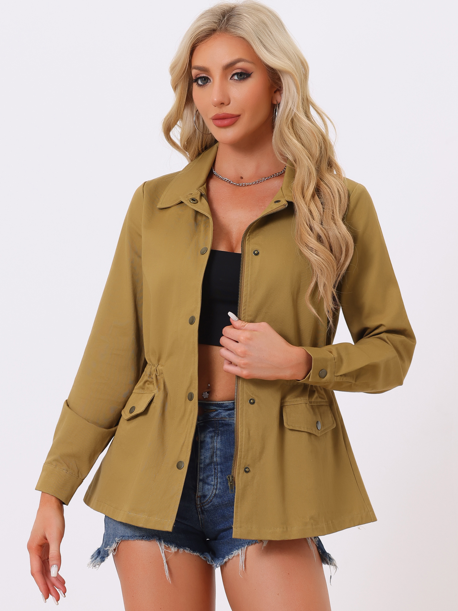 Drawstring Waist Flap Pocket Lightweight Utility Safari Jacket Dark Khaki/L - Allegra K catalog