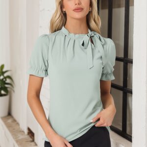 Bow Tie Neck Tops Elegant Office Short Sleeve Blouse Light Green/XS - Allegra K catalog