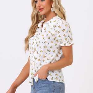 Floral Printed Peter Pan Collar Cotton Short Sleeve Shirt Yellow/XL - Allegra K catalog