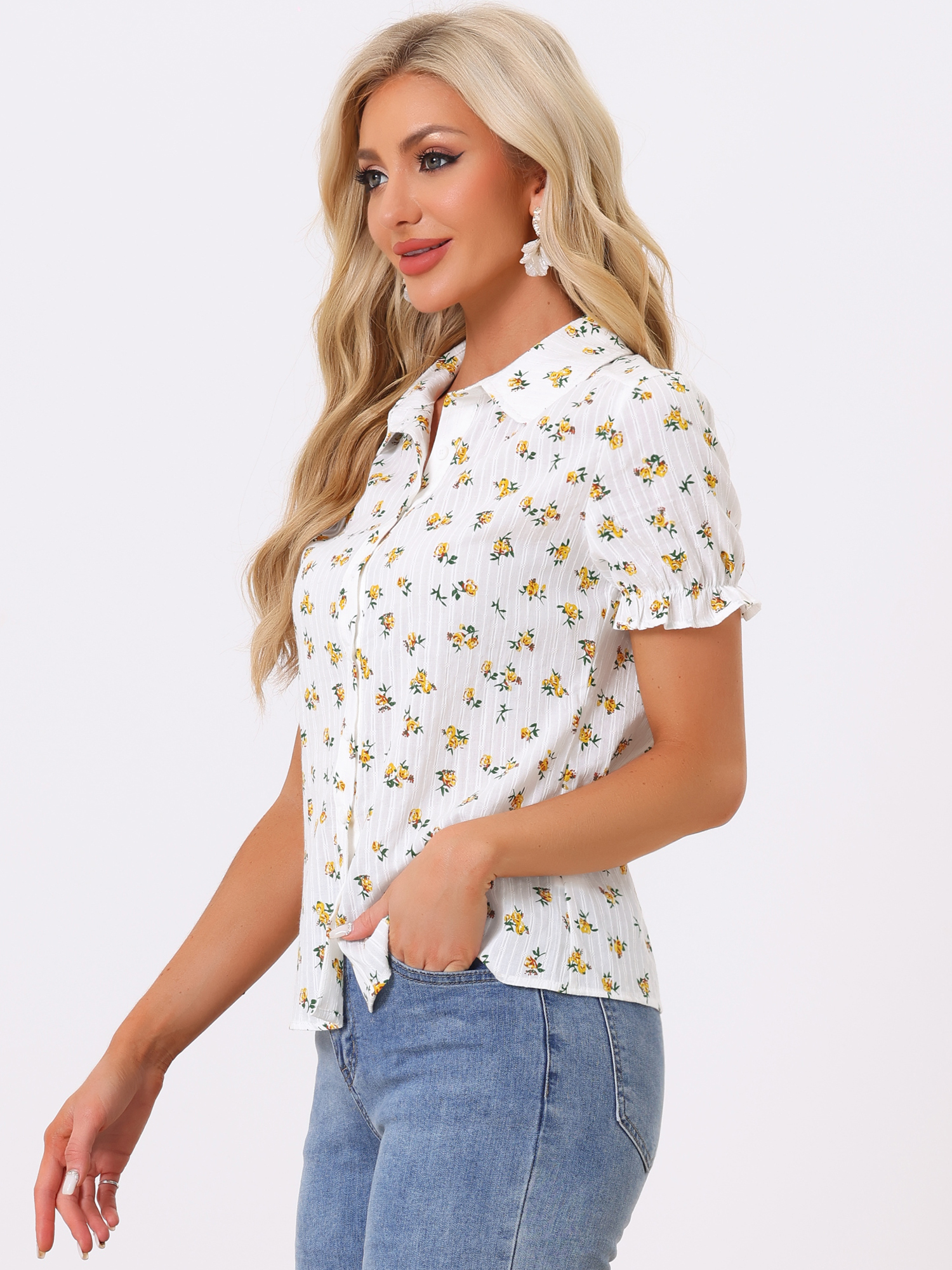 Floral Printed Peter Pan Collar Cotton Short Sleeve Shirt Yellow/XL - Allegra K catalog