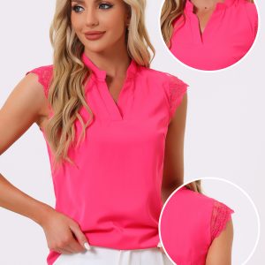 Work Top Office Lace Cap Sleeve Basic Shirt Blouse Hot Pink/XL - Allegra K catalog