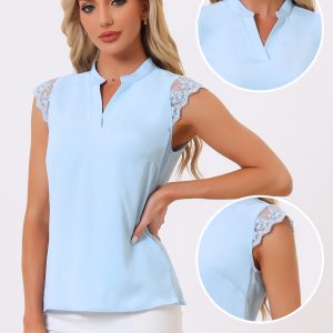 Work Top Office Lace Cap Sleeve Basic Shirt Blouse Sky Blue/XL - Allegra K catalog