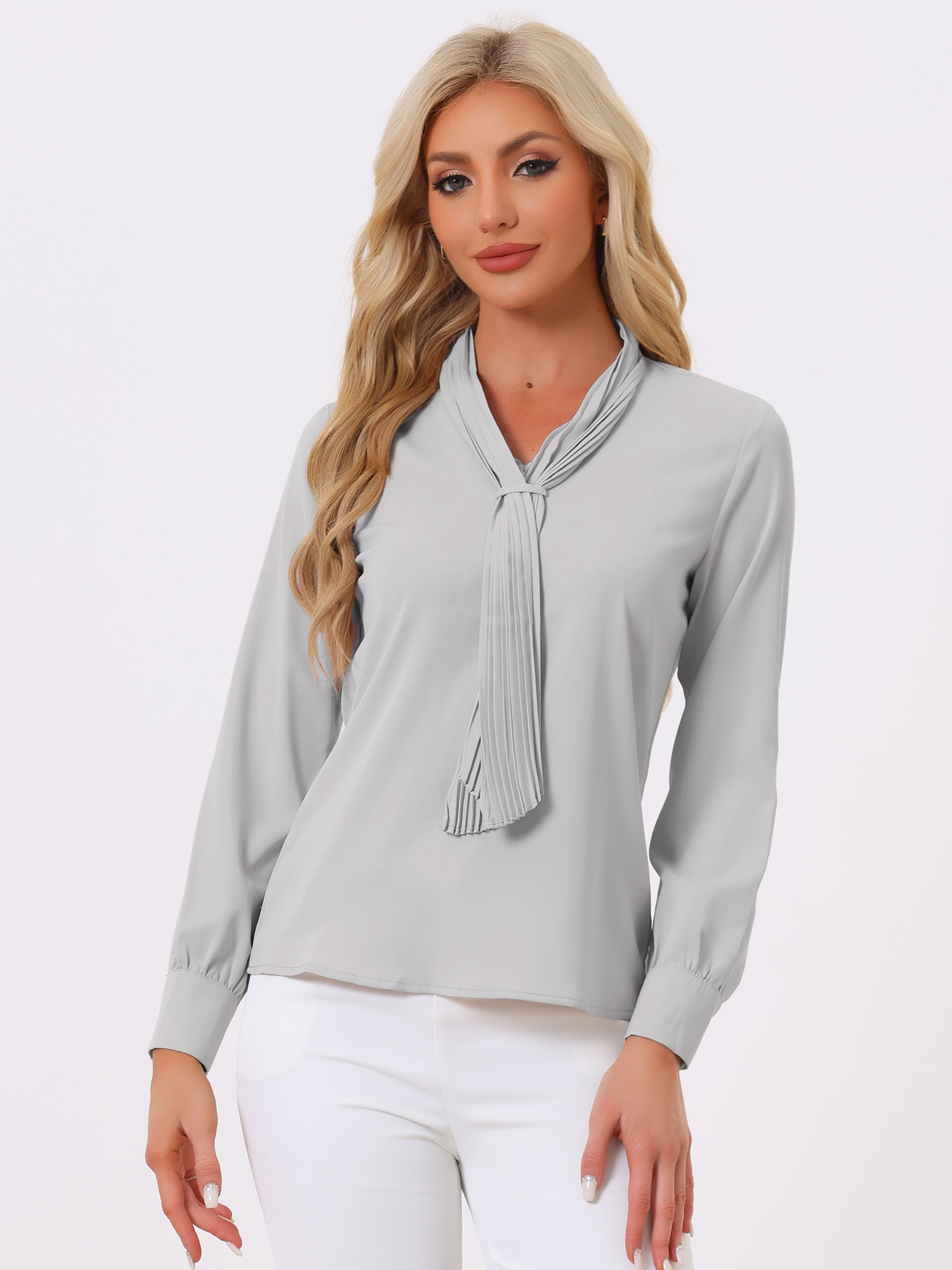 Long Sleeve Chiffon Pleated Tie Neck Office Blouse Light Gray/M - Allegra K catalog