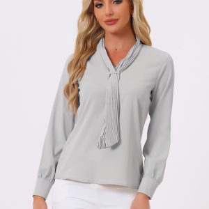 Long Sleeve Chiffon Pleated Tie Neck Office Blouse Light Gray/L - Allegra K catalog