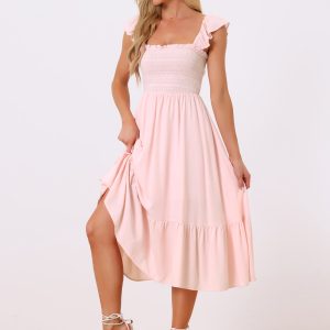 Boho Square Neck Ruffle Tiered Flowy Smocked Midi Dress Sundress Pink/S - Allegra K catalog